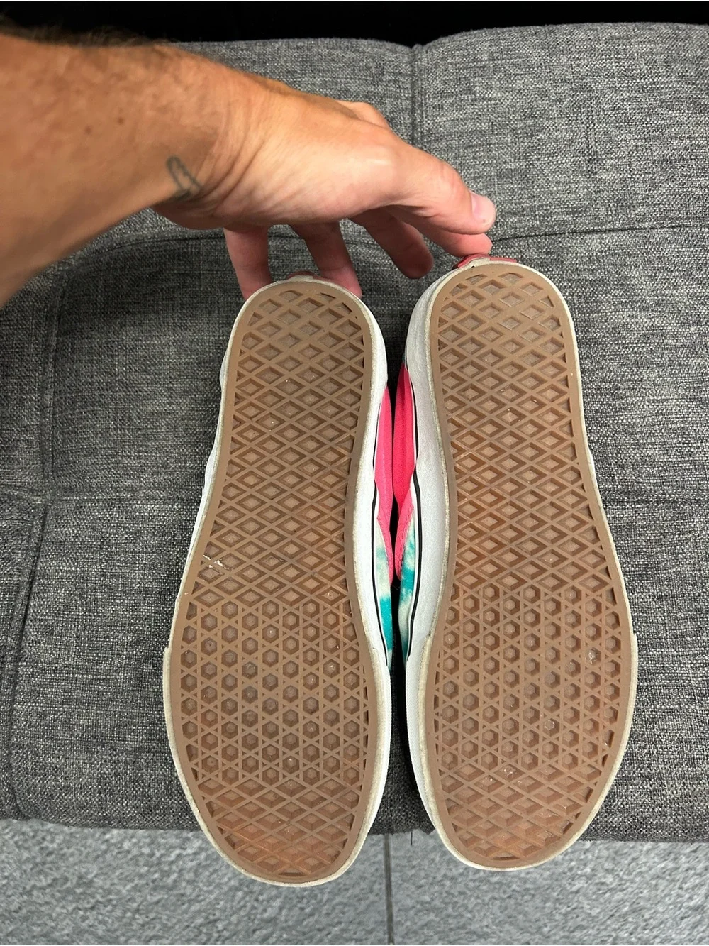 Vans Custom Slip-On Sneakers in Teal & Hot Pink. Size 9.5 men’s. Gently worn